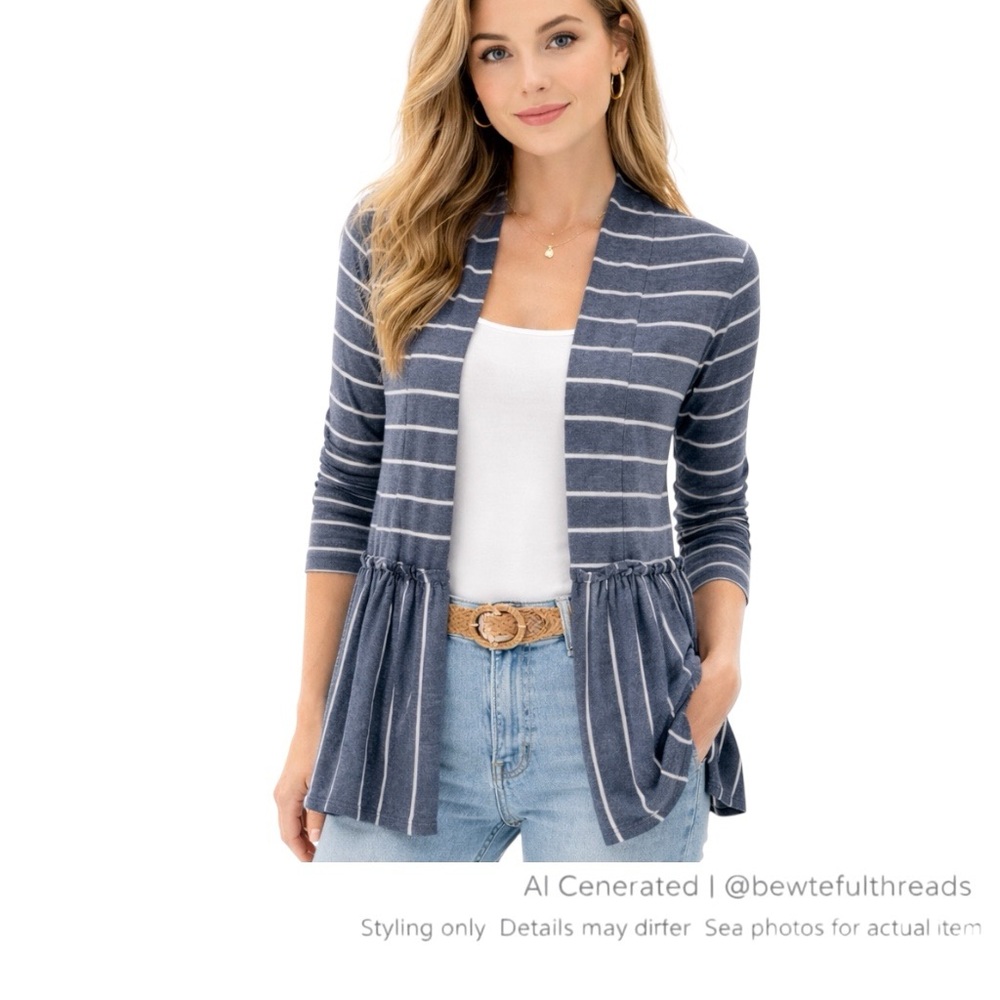 Bobeau Blue Stripe Ruffle Hem Cardigan M Coastal Spring Layer